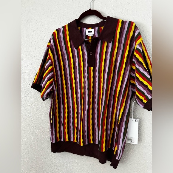 Obey Men's Polo Sweater Surface Multicolor Size Large Shepard Fairey Striped NEW - Picture 3 of 10